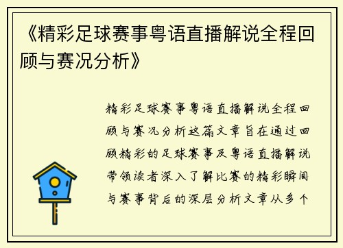 《精彩足球赛事粤语直播解说全程回顾与赛况分析》